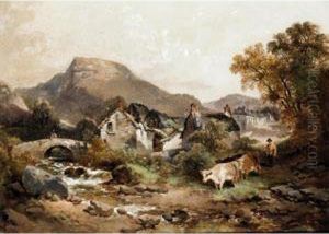An Overshot Water Mill With Cattle And Figures by Joseph Horlor