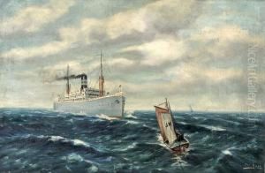 Passagierdampfer Und Fischerboot Auf Der Nordsee