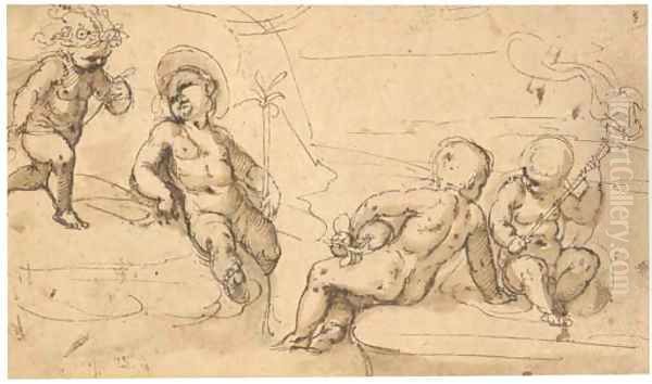 Four putti holding attributes in a landscape - view 1