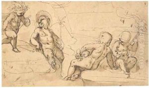 Four putti holding attributes in a landscape by Guglielmo Caccia