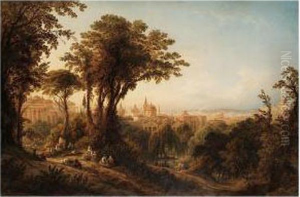 A View Of Rome, With Peasants Resting By Trees In The Foreground - view 1