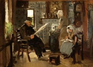 Reading Man And Child In An Interior by Hendrik Horrix