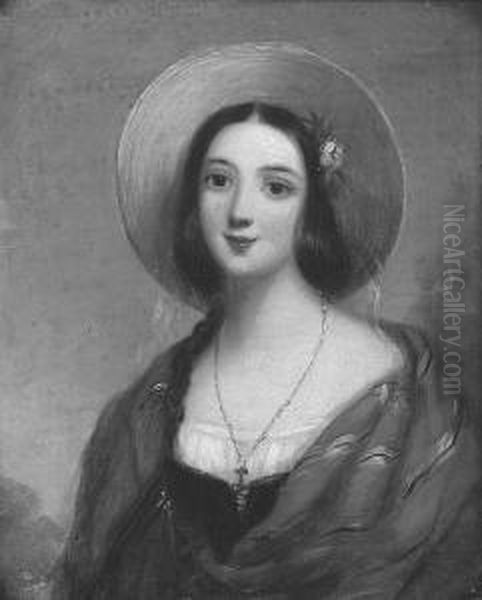 A Portrait Of A Young Girl, A
Red And Gold Shawl Around Her Shoulders And Wearing A Bonnet And A
Flower In Her Dark Hair - view 1