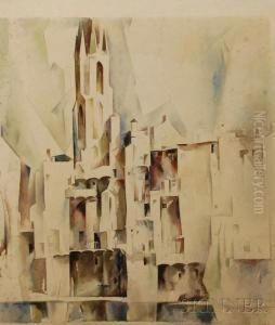 Cubist Villagewith Church Tower by Earl Horter