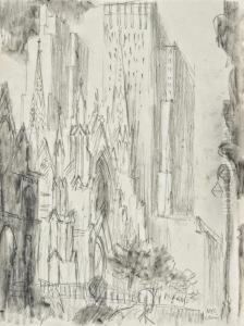 Featuring Skyscrapers, With Small Human Figures, Standing In The Street Below. by Earl Horter