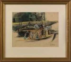 Charcoal And Pastel Harbor Scene