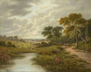 A Fox Putting Up Duck In A River Landscape