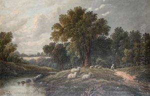 A Shepherd Resting On A Riverbank; A Cottagein A River Landscape, A Pair by Etty Horton