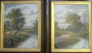 River Landscapes With Sheep And Figures by Etty Horton