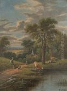 A Girl In A Landscape; Cattle Watering With Figures Nearby by Etty Horton