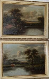 Cattle By A River; Drover And Sheep By A River