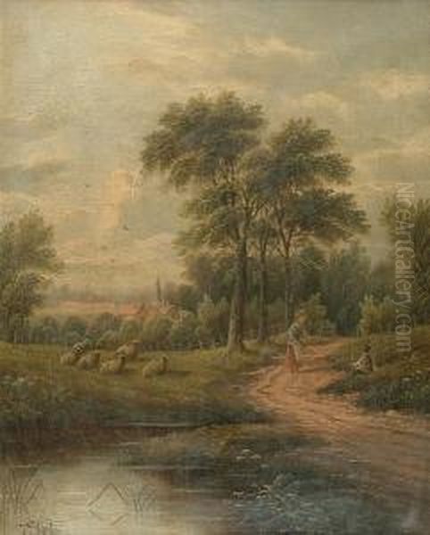 Country Landscape With Children On A Track, Sheep And A Pond In The Foreground - view 1