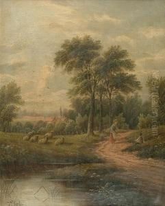 Country Landscape With Children On A Track, Sheep And A Pond In The Foreground