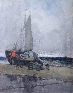 Dutch Fishing Boat And Figures On Theshore by George Edward Horton