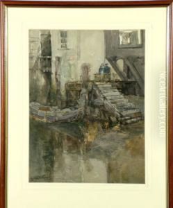 A Dutch Canal With A Barge Moored In The Foreground by George Edward Horton