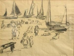 Jetty; Sailboats, England; Tents On The Beachwith Children (a Group Of Three) by William Samuel Horton
