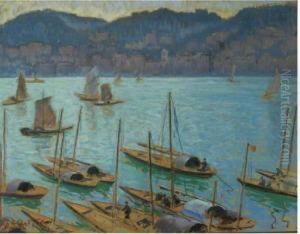 Junks In Hong Kong Harbor With A View Of Kowloon Across Thewater by William Samuel Horton