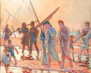 Draped Figures And Children On Beach by William Samuel Horton