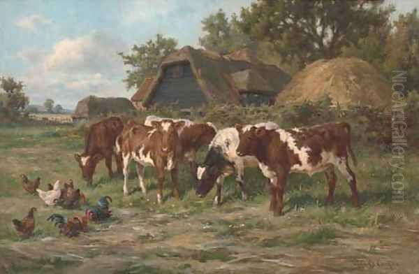 Calves and poultry by a farm - view 1