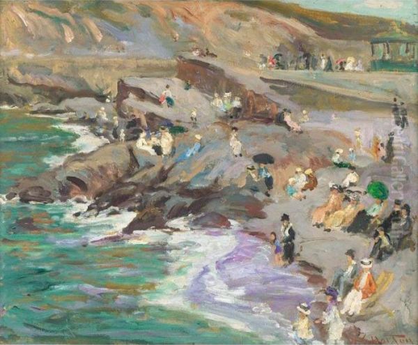 Vagues, Rochers, Et Petits Personnes Sur La Plage - view 1