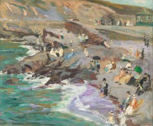 Vagues, Rochers, Et Petits Personnes Sur La Plage Vagues, Rochers, Et Petits Personnes Sur La Plage