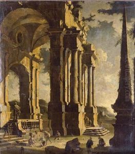 A Capriccio Of Classical Ruins With Figures by Leonardo Coccorante