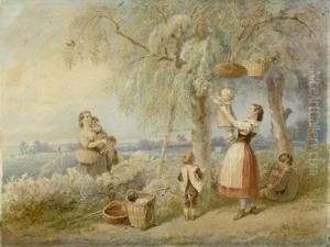 Zwei Mutter Mit Ihren Kindern Bei Der Kirschernte by Theodor Hosemann