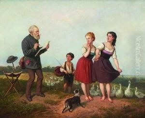Ein Maler, Der Zwei Landmadchen In
Sein Skizzenbuch Zeichnet. by Theodor Hosemann