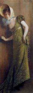 Elegant Woman In A Green Dress by Pierre Carrier-Belleuse