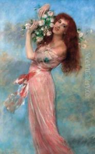 A young beauty holding a bouquet of roses by Pierre Carrier-Belleuse