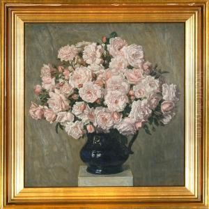 Pink Roses In A Blue Jar