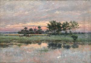 Koeien In Een Meerlandschap - Vaches Dans Un Paysagelacustre. by Henri Houben