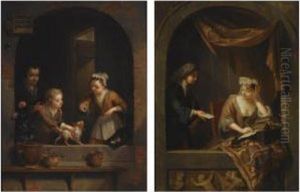 Two Young Children Playing With A Dog In A Niche, Together With Anelderly Woman