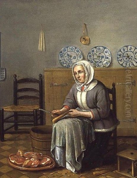A Seated Woman preparing Food in a Kitchen - view 1
