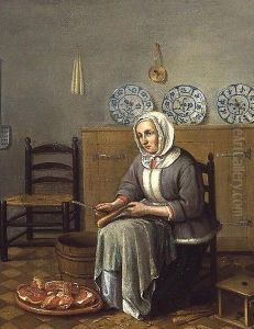 A Seated Woman preparing Food in a Kitchen by Franciscus Carree