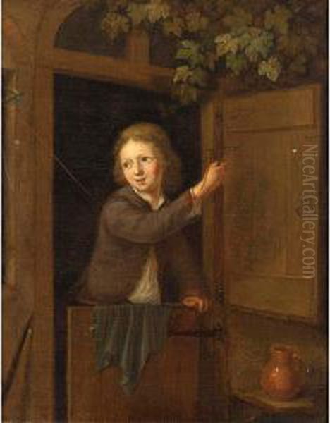 A Finch On A Fowling-line Held By A Boy Standing In A Doorway - view 1