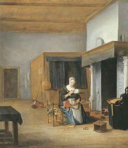 An interior with a woman seated by the fire holding a child upon her lap - view 1
