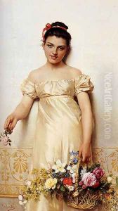 A Young Lady Holding A Basket Of Flowers by Giovanni Costa