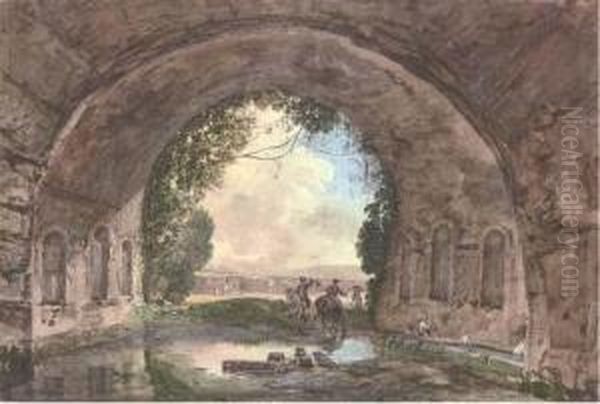 A Vaulted Spring With Two Gentlemen On Horseback And A Peasant Woman Washing Clothes - view 1