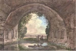 A Vaulted Spring With Two Gentlemen On Horseback And A Peasant Woman Washing Clothes by Jean-Pierr Houel
