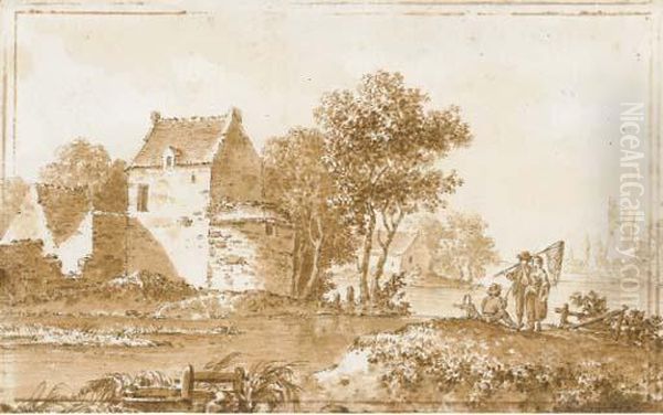 Un Paysage Fluvial Avec Deux Pecheurs Et Une Femme - view 1