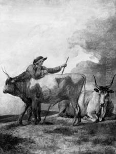 A Peasant With A Cow And A Bull In An Extensive Landscape - view 1