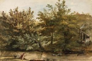 Trees On The Bank Of A River, A
Fisherman In The Foreground And Afarmhouse In The Background by Jean-Pierr Houel