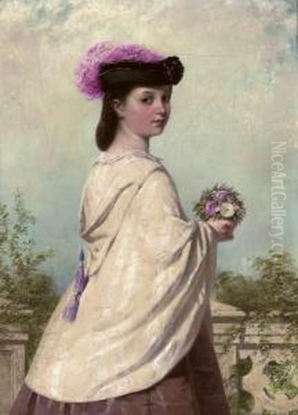 Portrait Of A Young Girl,
Three-quarter-length, In A White Cloak, Holding A Posy Of Flowers On A
Terrace - view 1