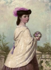 Portrait Of A Young Girl, 
Three-quarter-length, In A White Cloak, Holding A Posy Of Flowers On A 
Terrace by John Adam P. Houston