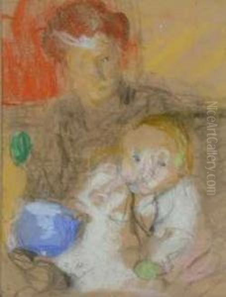 Mere Et Enfant Au Bol Bleu - view 1