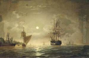 A Nocturnal View Of Ships In Boston Harbor by Edward Hoyer