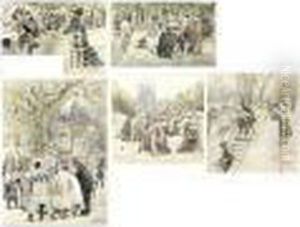 Five Watercolours Depicting
Scenes In Paris: Anglers Along The Seine; Conversing Ladies In The
Tuileries, The Louvre In The Background; 'gouvernantes' And Children
Playing In A Park; Men Catching The Latest News At A Kiosk; Elegant
Figures In The by Jan Hoynck Van Papendrecht