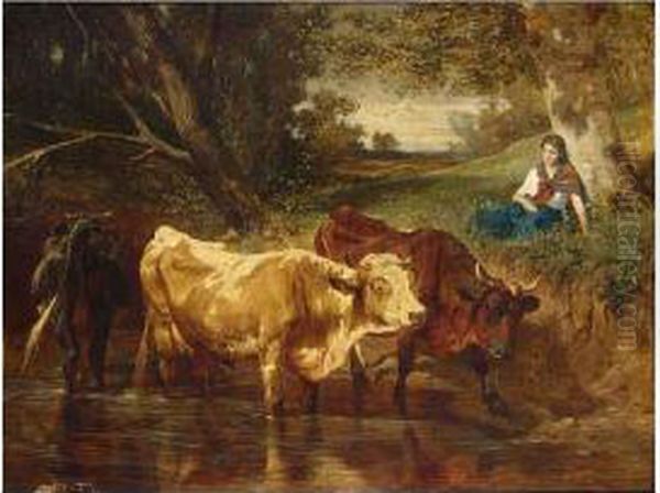 A Shepherdess Watering Her Cows - view 1