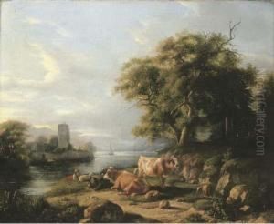 Seeuferlandschaft Am Genfersee Mit Figuren- Und Tierstaffage Seeuferlandschaft Am Genfersee Mit Figuren- Und Tierstaffage